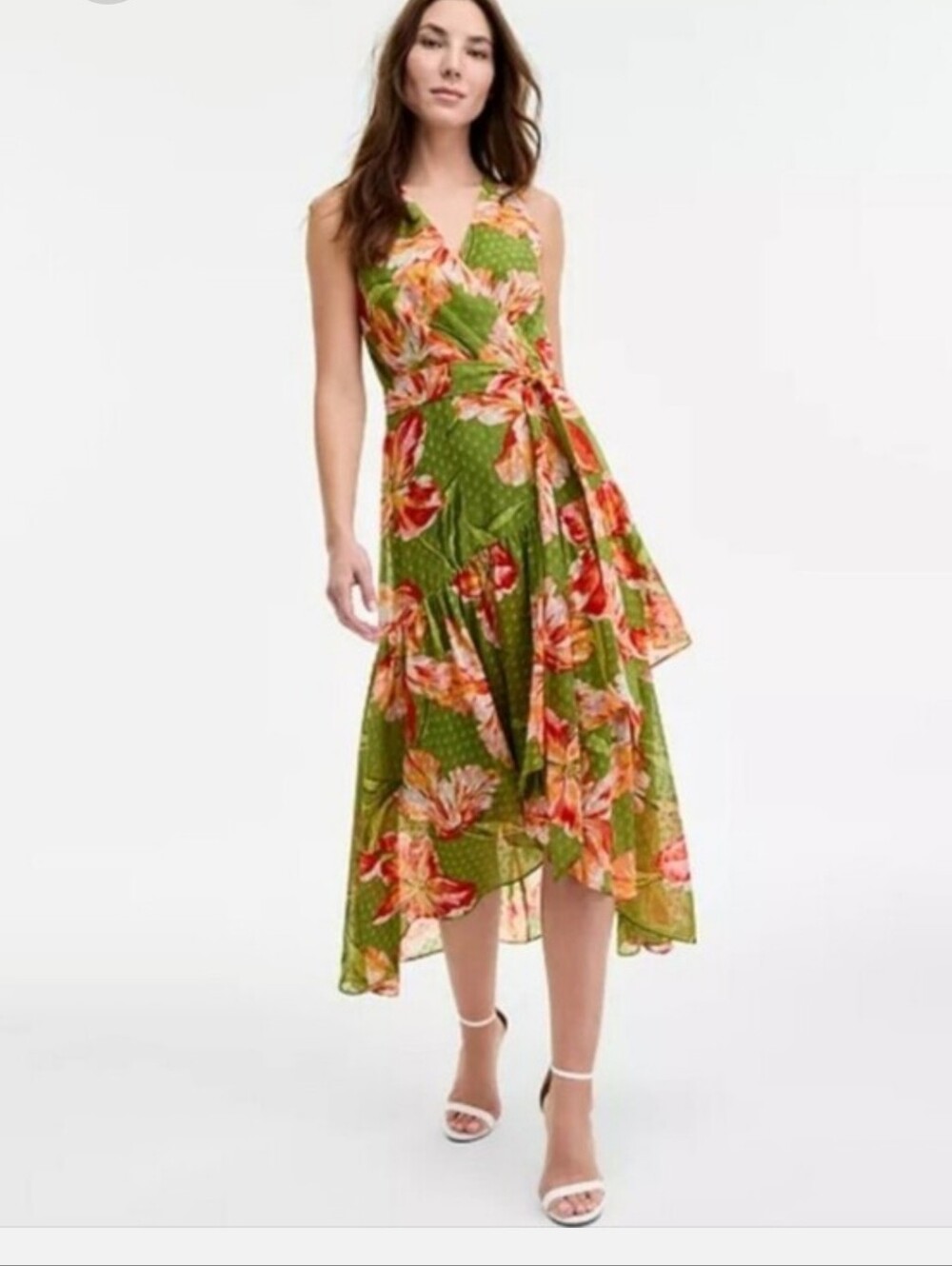 Anne Klein NWT $159 Green Floral Wrap Style High Low Maxi Dress Size 4 No Belt